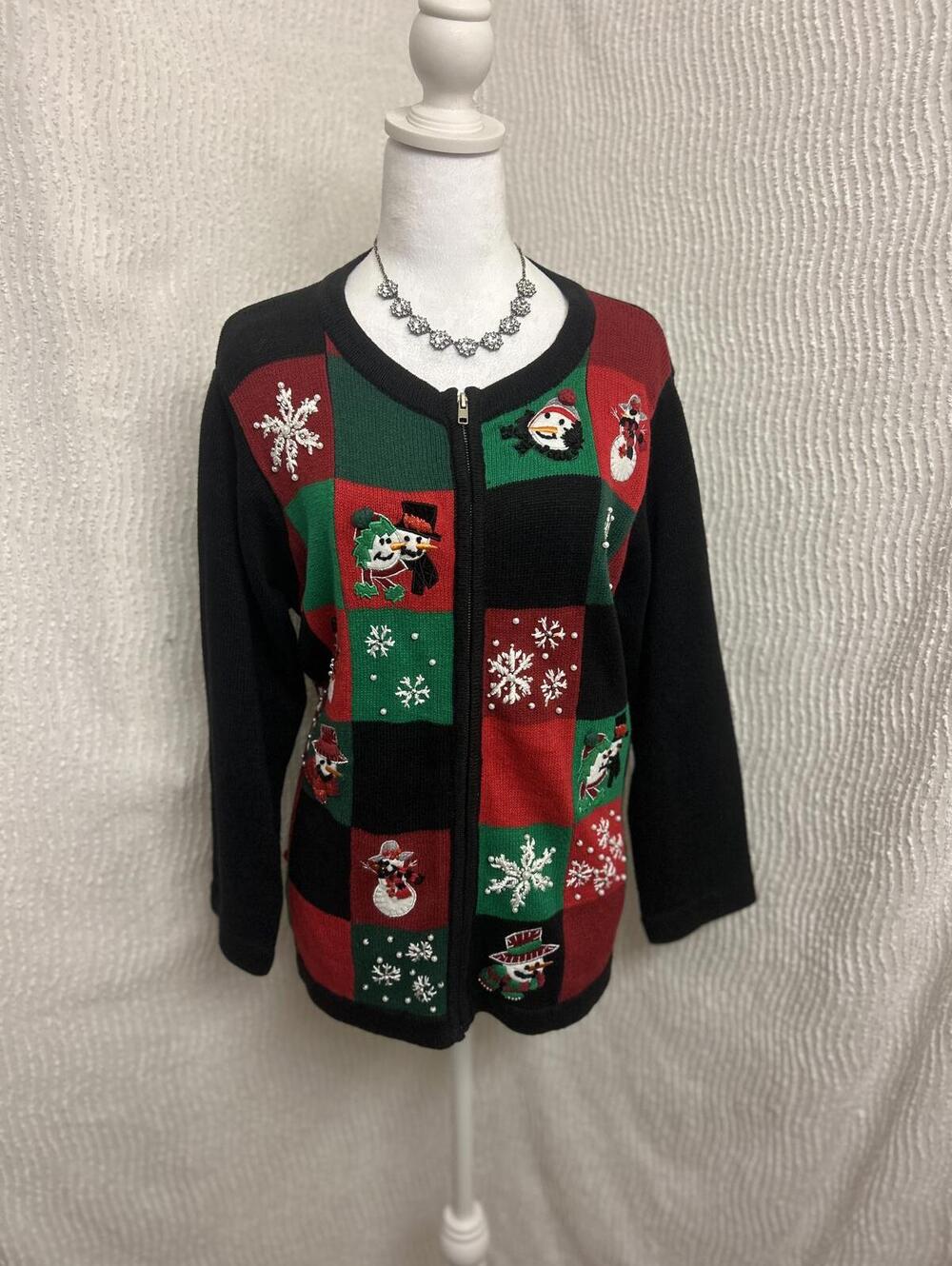 Vintage Ugly Christmas Sweater Large Patchwork Snowmen Beaded Zip Up Knit Unique